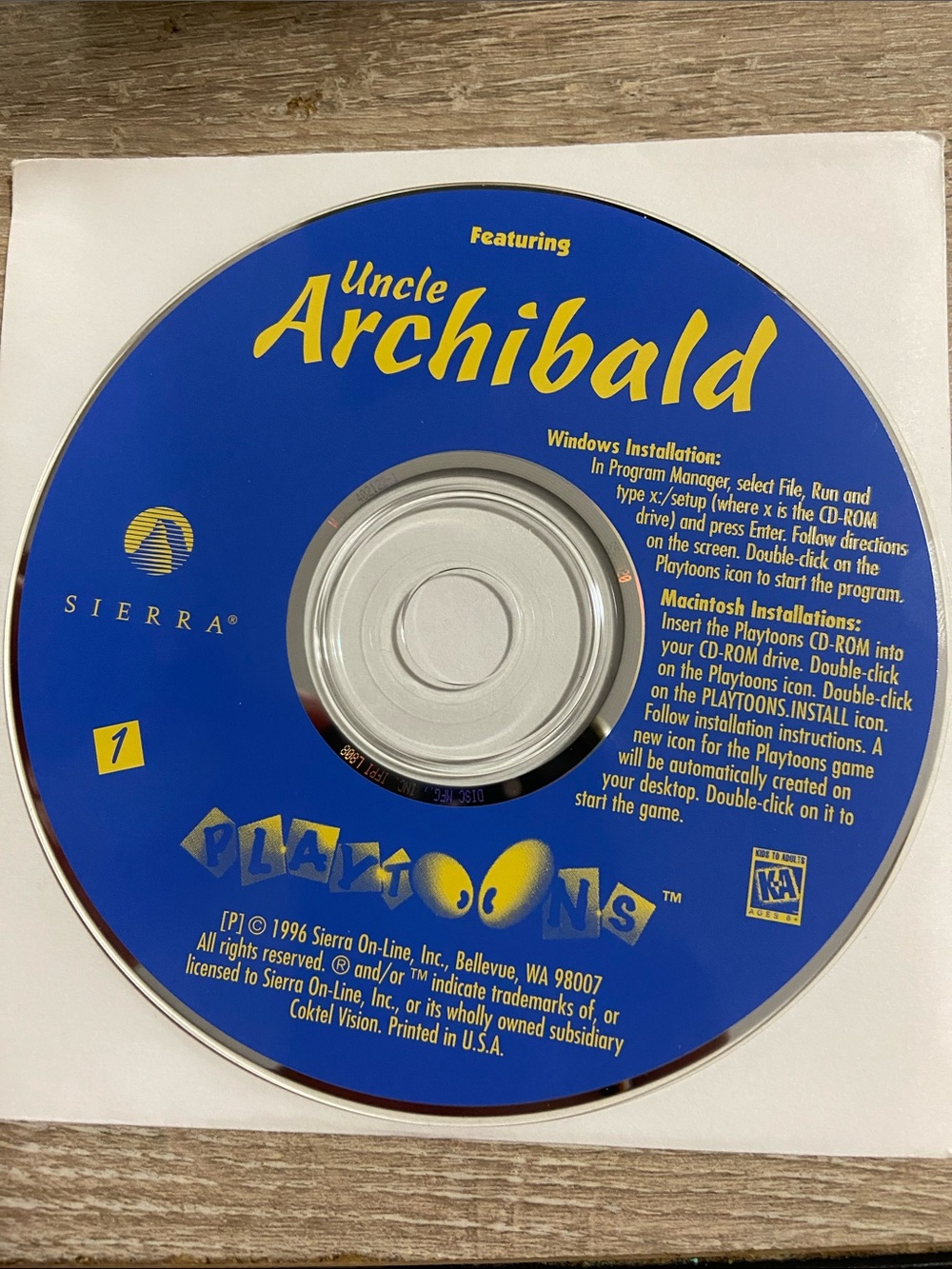 Playtoons 1 Featuring Uncle Archibald PC 1996 Sierra Software Win Mac DISC ONLY
